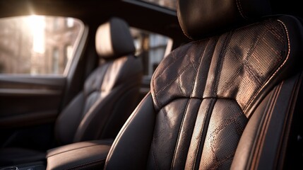 Obraz premium Car Seat Interior Detail Leather Stitching Texture, Lit by Sunlight on Road