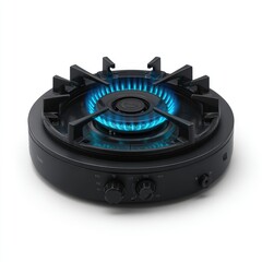 Fototapeta premium Black round gas stove burner, blue flame