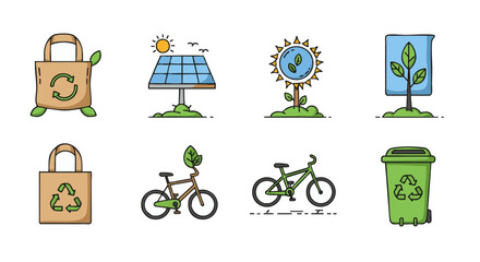 Collection of hand-drawn ecology icons. Set of environmental and sustainable symbols including recycling, solar energy, and green transport.
