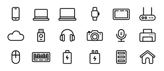 Clean and modern vector  technology devices icons set vector illustration for mobile laptop camera printer and other gadgets 100