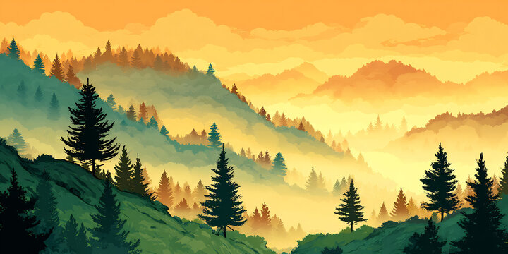 Soft golden mist flowing over gentle forest hills - Powered by Adobe