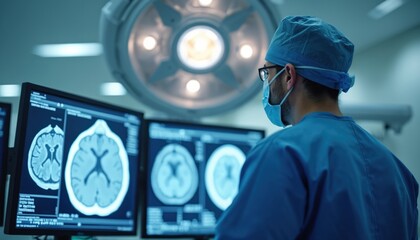 Surgeon analyzes brain scans in modern operating room. Doctor wearing scrubs glasses mask checks digital medical data on monitors. Advanced neurosurgery technology focused on precision care.