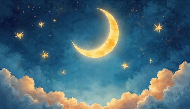 Watercolor painting of crescent moon stars against deep blue and gold night sky. Symbolizing guidance and hope during Imsak moment. Illustration for postcards greeting messages design.