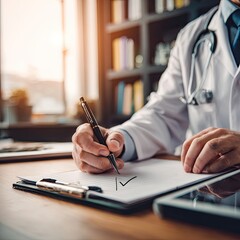 Doctor writing on clipboard in office