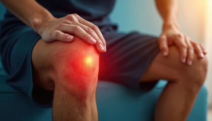 Person experiencing knee pain, touching injured joint with red inflammation visible. This imagery relates to joint pain, rheumatoid arthritis, and osteoarthritis treatment concepts.