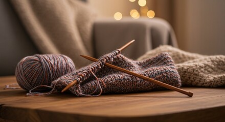 A cozy knitting project with a ball of wool yarn and wooden needles on a rustic table. A warm, relaxing hobby for a comfortable hygge lifestyle.
