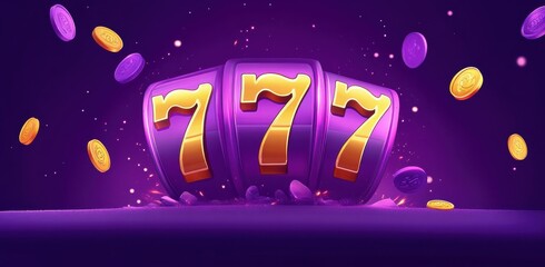 Golden jackpot symbols with coins on a vibrant purple background