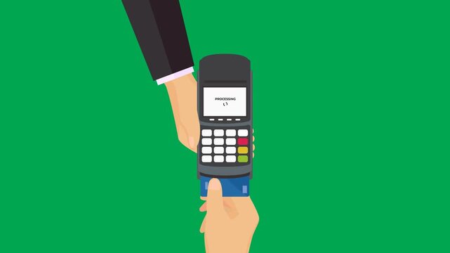Credit card payment declined flat animation with card inserted into EDC, processing screen, error icon, red alert, and no receipt slides out on green screen. 4K animated for business and payment.