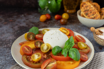Burrata with Colorful Tomatoes, Basil and Bread Bowl