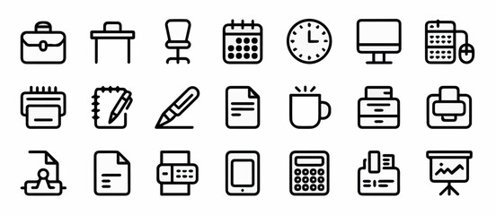Clean and modern vector  office stationery vector icon set business equipment elements desk calendar clock and more thin line style 100