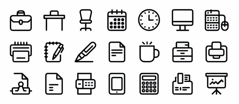 Clean and modern vector  office stationery vector icon set business equipment elements desk calendar clock and more thin line style 100