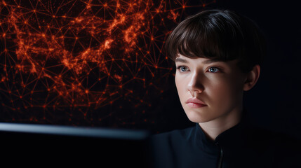 A focused individual gazes at a computer screen surrounded by a network of glowing connections, depicting advanced technology and digital engagement.