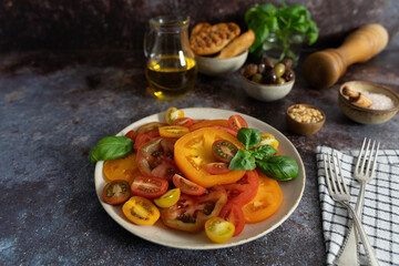 Fresh Tomatoes with Basil, Bread and Olives for Salad