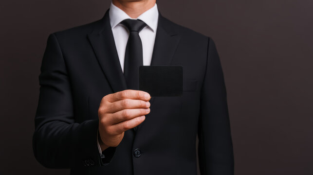 A suited individual holds a black card in front of a dark background, conveying a sense of professionalism and sophistication.