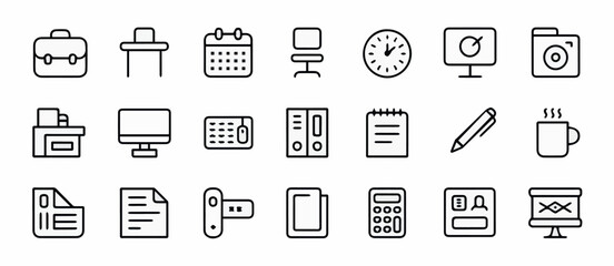 Clean and modern vector  office stationery icons set vector illustration for business management and organization linear design 100