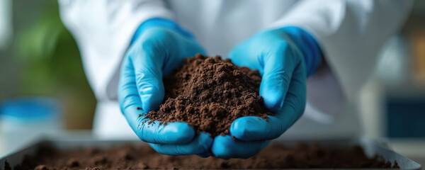 Scientist in blue gloves holds soil sample for laboratory analysis. Close-up on hands examining dirt for research. Study soil properties, agriculture, environmental science, and chemistry.