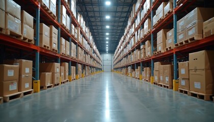 Fototapeta premium Vast warehouse interior filled with tall shelves stacked high with cardboard boxes. Bright overhead lighting illuminates polished concrete floors, organized storage aisles, indicating efficient