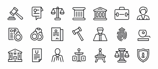 Clean and modern vector  law legal justice attorney court gavel courthouse icons vector set for legal services and representation
