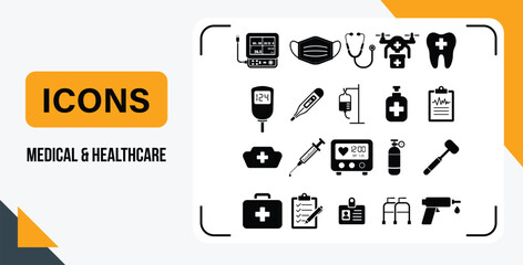Icon set of medical and healthcare elements including stethoscope, syringe, thermometer, oxygen tank, IV drip, health report, and diagnostic tools. Ideal for hospital, clinic, or wellness designs.