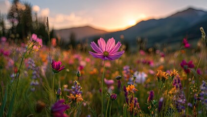 Obraz premium Vibrant wildflowers in a meadow at sunset. Mountain backdrop