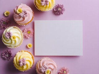 Blank Greeting Card on Daisy-Decorated Cupcakes – Colorful Party Setup with Write-In Space for Events