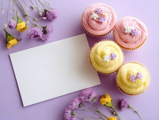 Pink & Yellow Cupcakes with Daisy Decor – Blank Greeting Card for Birthday Party & Bakery Branding