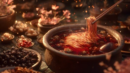 Chongqing Noodle Restaurant – Fiery Red Oil Close-Up, Diners Enjoying Spicy Comfort Food in Lively Atmosphere