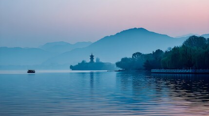 Hangzhou West Lake at Dawn – Cyan Mist & Ink-Wash Silhouettes, Ethereal Chinese Landscape in Morning Light