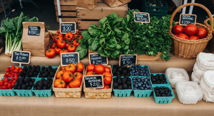 A market stall displays fresh produce, including tomatoes, blueberries, greens, and other vegetables, with price tags.