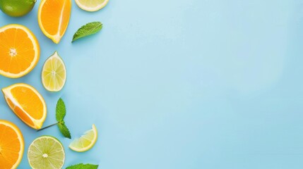 Bright and fresh summer vibe with vibrant citrus fruits and green mint leaves on a soothing blue backdrop. Perfect for summer themes