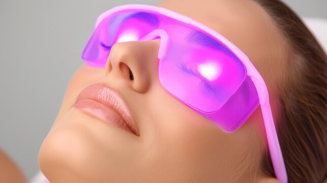 A woman enjoys a refreshing acne treatment with professional phototherapy technology at a soothing beauty salon.