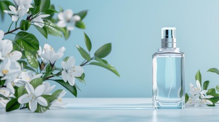 A delicate glass perfume bottle amidst blooming branches evokes elegance and luxury in springs soft light.