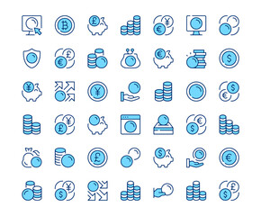 Coins icons. Vector line icon set. Modern outline design. Blue concept