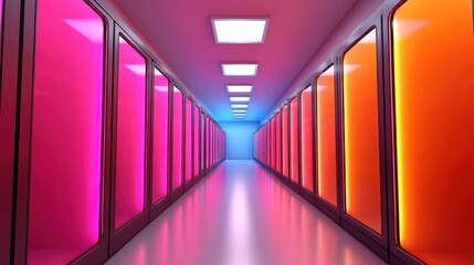 A vibrant server room filled with colorful neon racks and cuttingedge telecom gear, showcasing modern data center tech.