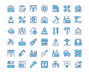 Construction icons. Vector line icon set. Modern outline design. Blue concept