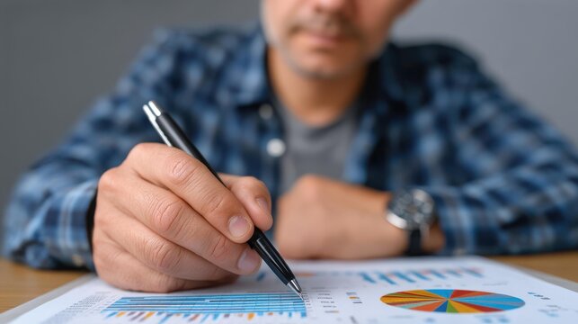 A businessman studies growth charts, focusing on strategic planning and financial data to drive investment success.