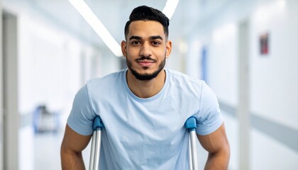 Fototapeta premium Close-up of a patient using crutches in a bright hospital setting, with a blurred medical background highlighting mobility aid and recovery in a clinical, well-lit environment