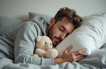 Young man sleeps soundly on side, embracing soft teddy bear, plush pillow. Dressed in cozy gray hooded pajamas, rests peacefully in serene bedroom environment. Hands gently cradle pillow, conveying