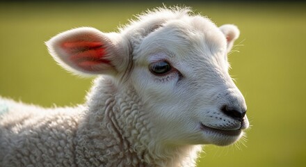Fototapeta premium A young, fluffy lamb gazes serenely, its pink ears and dark eyes prominent against a blurred green background.