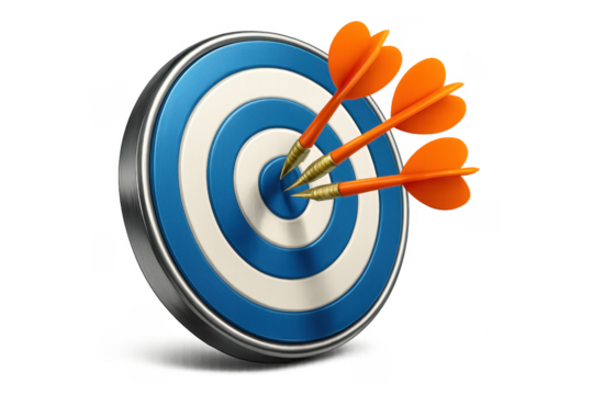 Three orange darts hitting center of blue and white target on transparent background