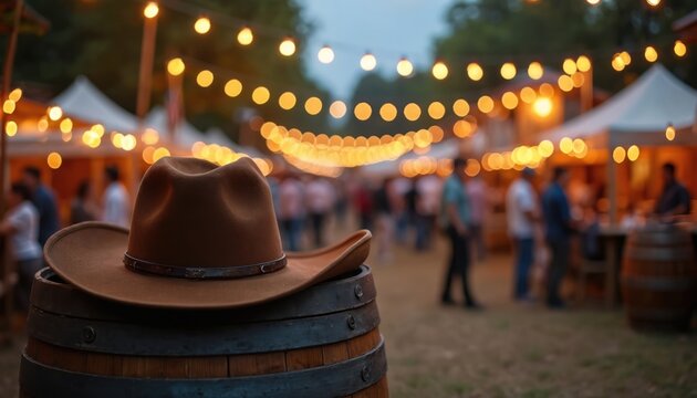 Brown cowboy hat rests on wooden barrel at outdoor festival. Blurred background shows people, tents, and warm string lights creating a festive evening ambience.