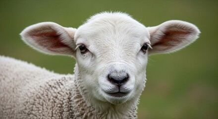 Fototapeta premium Close-up portrait of a young, white lamb gazing directly at the camera.