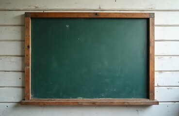Antique green school chalkboard with wooden frame. Rustic vintage blackboard surface ideal for writing messages, notes, educational presentations. Clean slate for announcements, teaching, learning,