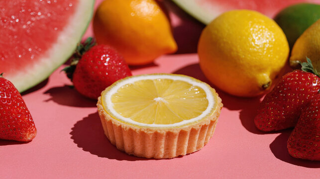 a cupcake with a lemon slice and strawberries