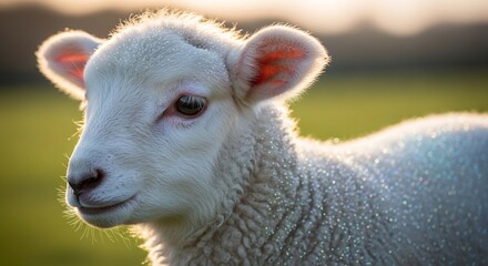 Obraz premium A cute young lamb with fluffy white fleece is backlit by the warm golden sun in a green pasture.