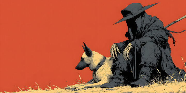 Mysterious Figure and Canine Companion: An enigmatic cloaked figure sits alongside a loyal canine, evoking a sense of mystery and solitude. Set against a stark backdrop.