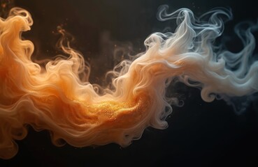 Obraz premium Abstract smoke swirls in warm tones, featuring dynamic flow of orange, beige, gold, brown. Elegant, artistic design uses flowing energy, cloud-like effect with shimmering particles against dark