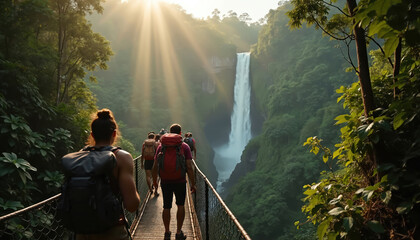 Group of hikers with backpacks crosses suspension bridge in dense jungle. Majestic waterfall flows in background. Sun rays filter through rich trees, creating misty atmosphere. People explore nature,