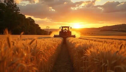Fototapeta premium Tractor harvesting golden wheat field at sunset. Rural landscape with golden hour sunlight creating warm, picturesque scene. Farm machinery works land, signifying productivity and agricultural bounty.