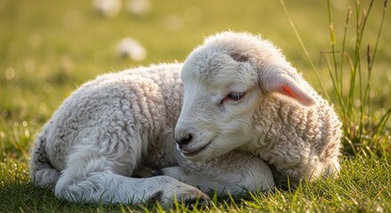 Naklejka premium A fluffy white baby lamb rests peacefully on the green grass, basking in the warm, golden sunlight.
